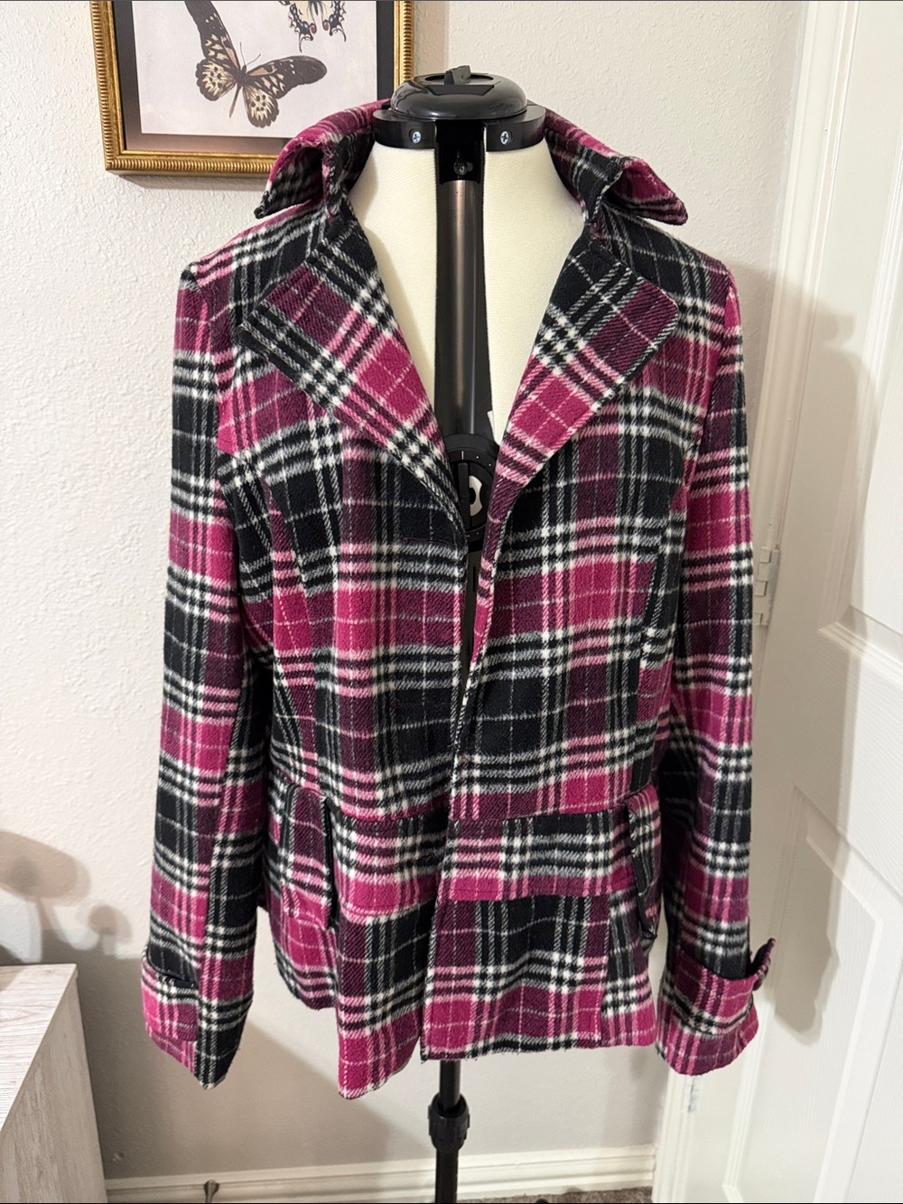 Yoki Pink & Black Plaid Tailored Blazer Jacket